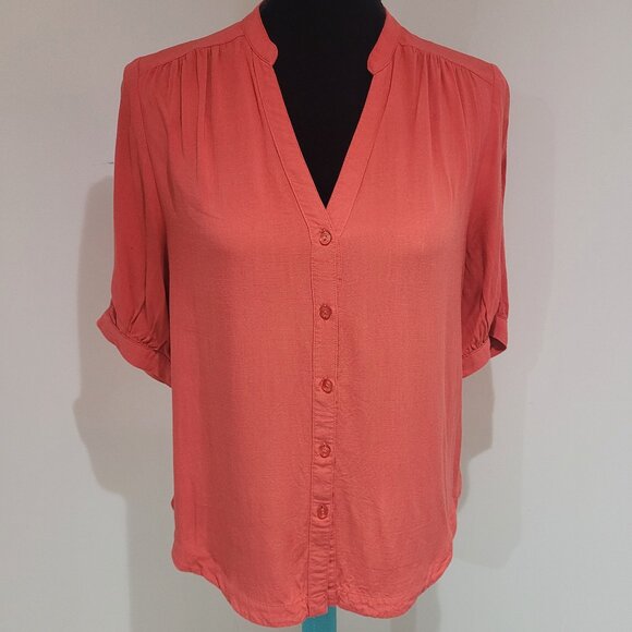 RW&Co V-Neck Button Down Blouse with Gathered Sleeves Size Small Coral - Picture 1 of 12